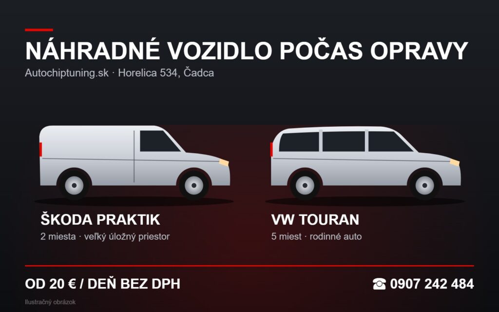 Náhradné vozidlá počas opravy v Čadci – Škoda Praktik (2 miesta) a VW Touran (5 miest), ilustračný obrázok