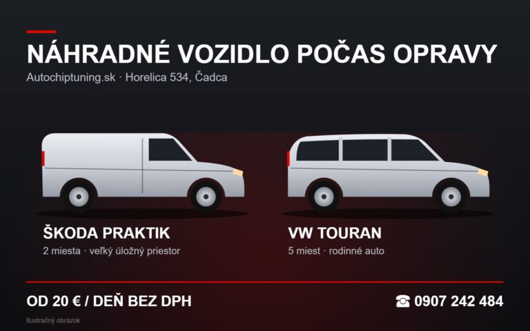 Náhradné vozidlá počas opravy v Čadci – Škoda Praktik (2 miesta) a VW Touran (5 miest), ilustračný obrázok