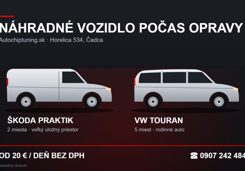 Náhradné vozidlá počas opravy v Čadci – Škoda Praktik (2 miesta) a VW Touran (5 miest), ilustračný obrázok